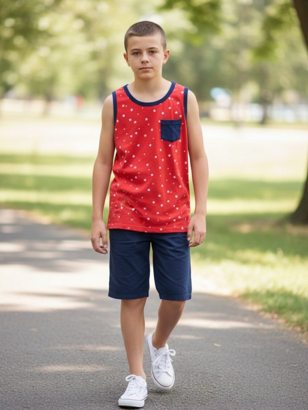Thereabouts Tank Top‎ Boys L 14/16 Red Excellent Star Print Americana Pocket